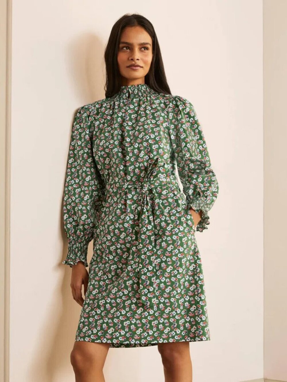 BODEN Ellie Green Floral Cotton Poplin Smocked Belted Puff Sleeve Dress, Size 10